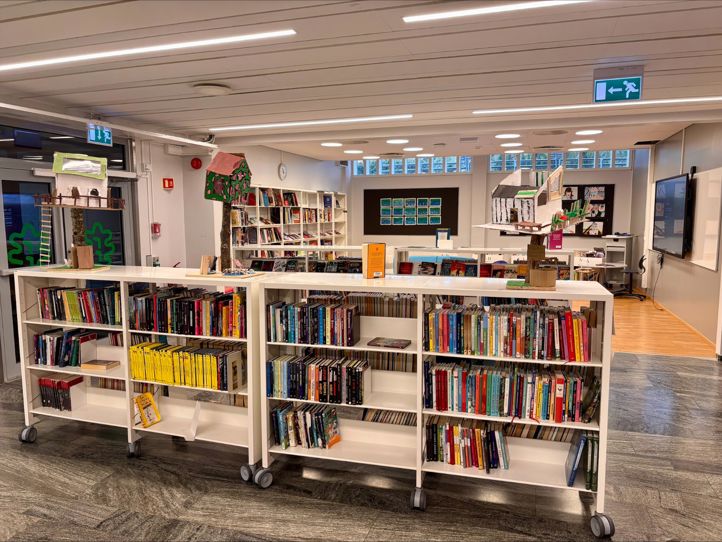 et bibliotek med hyller med bøker